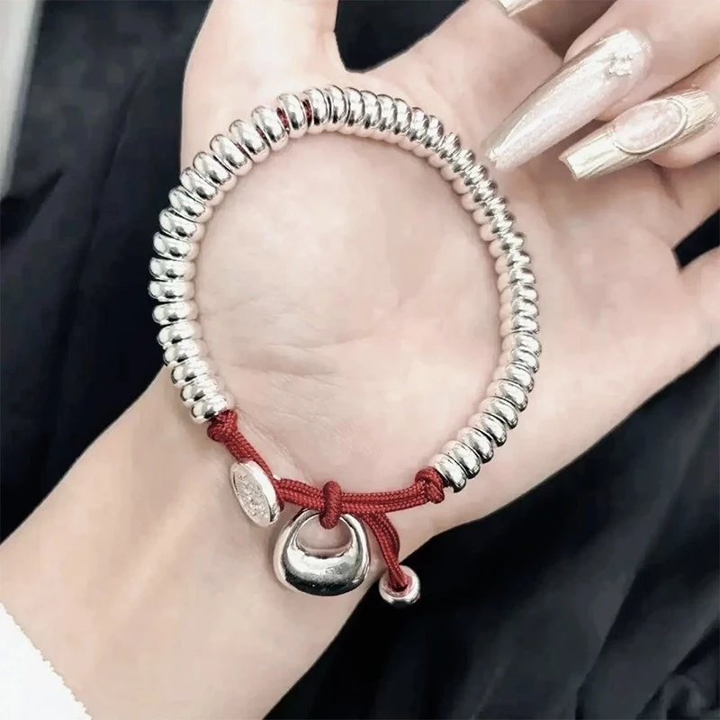 足银手链47号链接足银999.9中式手串手工红绳安喜乐盘缠小银坨