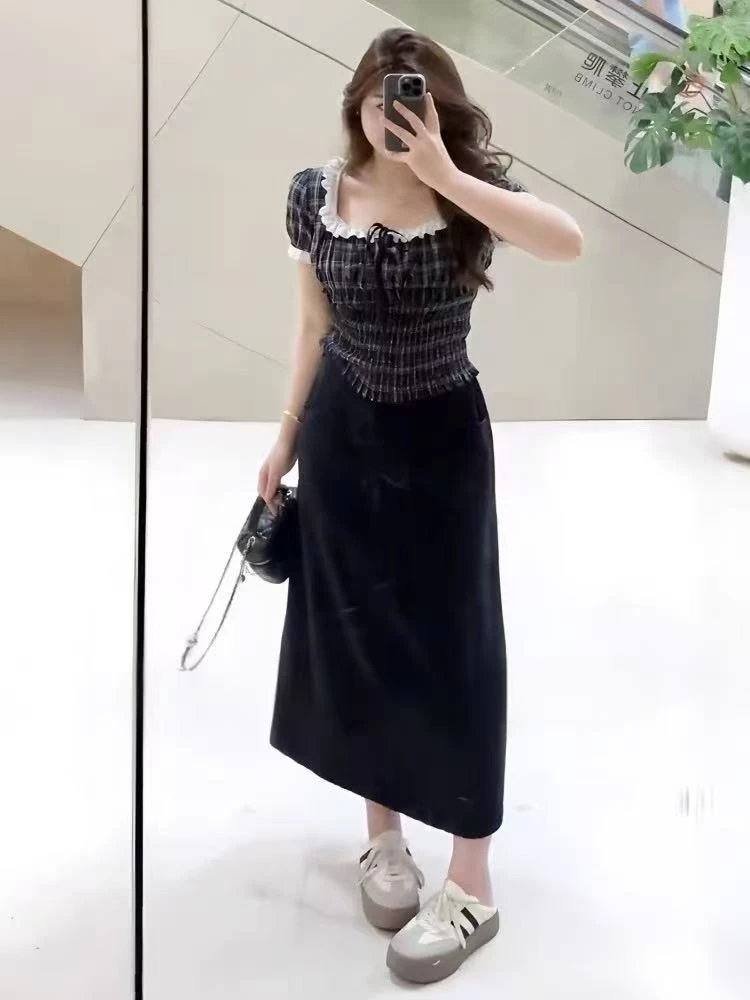 大码微胖法式格子方领短袖衬衫半身裙两件套长裙1921#