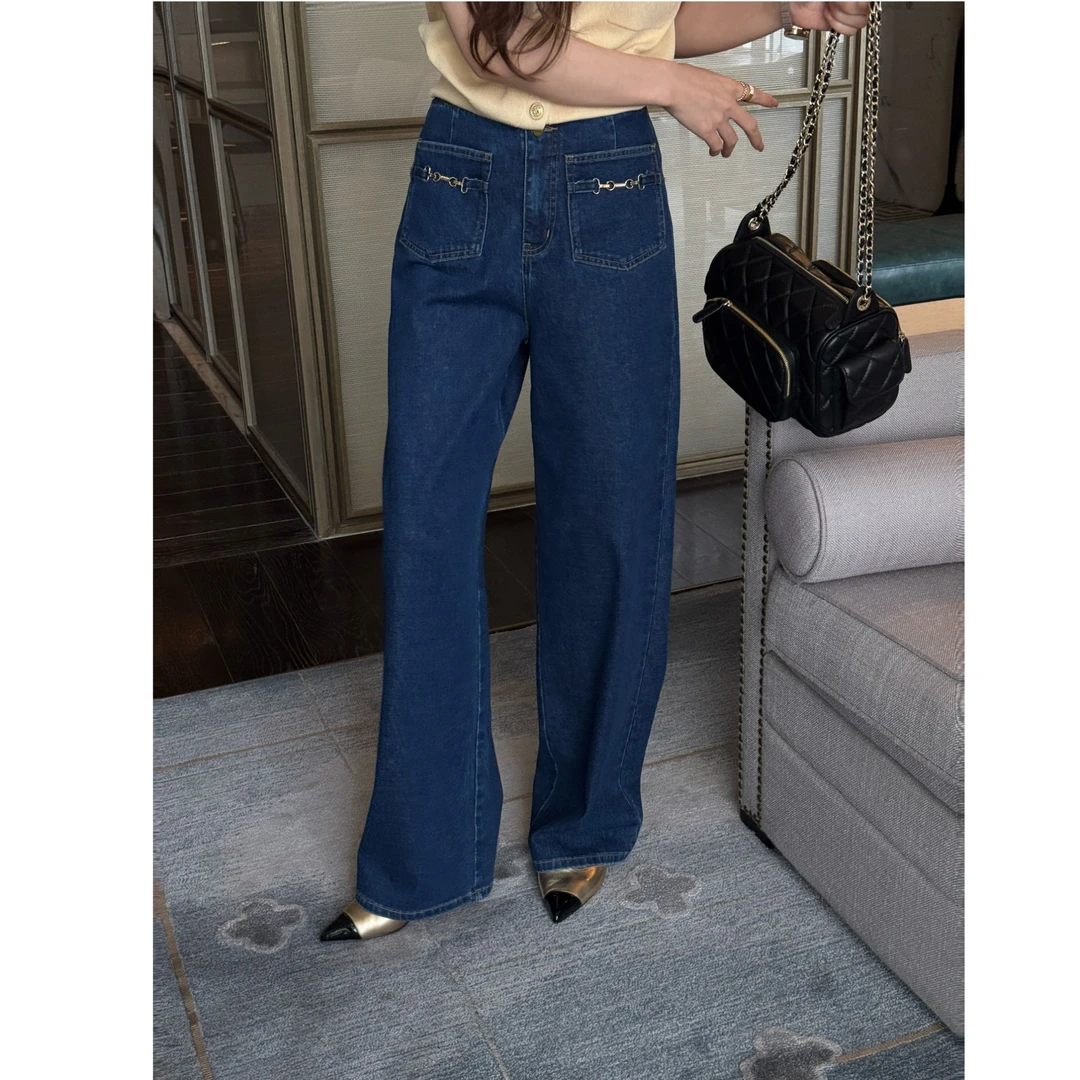 AILUO/艾珞现货芝芝【腿精裤】复古经典金链高腰显瘦牛仔裤