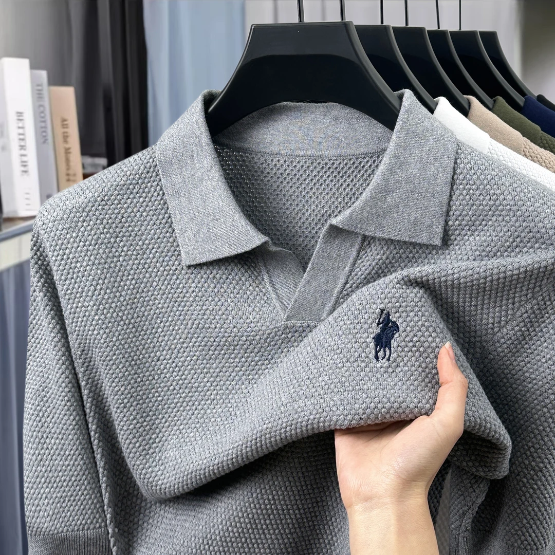 纯色菠萝纹肌理海鸥领夏季刺绣透气100棉时尚休闲针织POLO衫短袖T