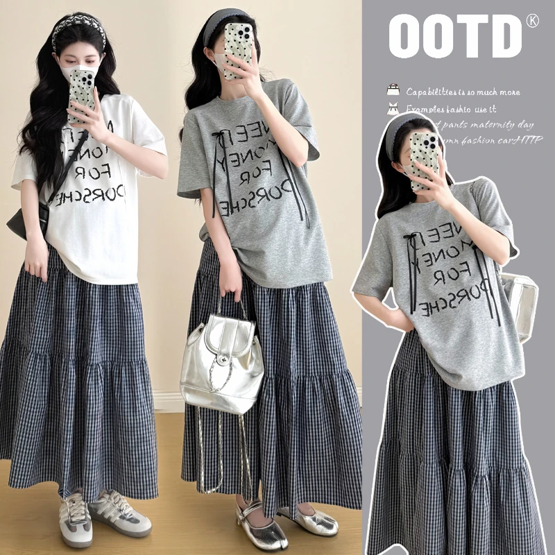 【颜若兮】2025夏季新款韩版宽松中长款T恤+格子孕妇半身裙两件套