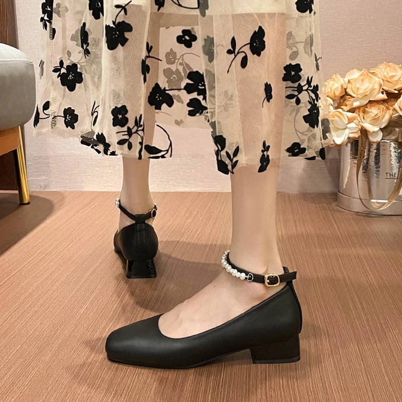 美拉德软皮复古百搭方头玛丽珍鞋高跟鞋粗跟单鞋女赫本风法式女鞋