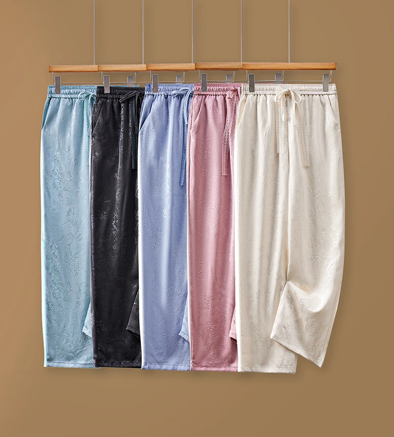 6【落花遥】轻奢风休闲直筒高腰长裤女压花重工休闲裤女