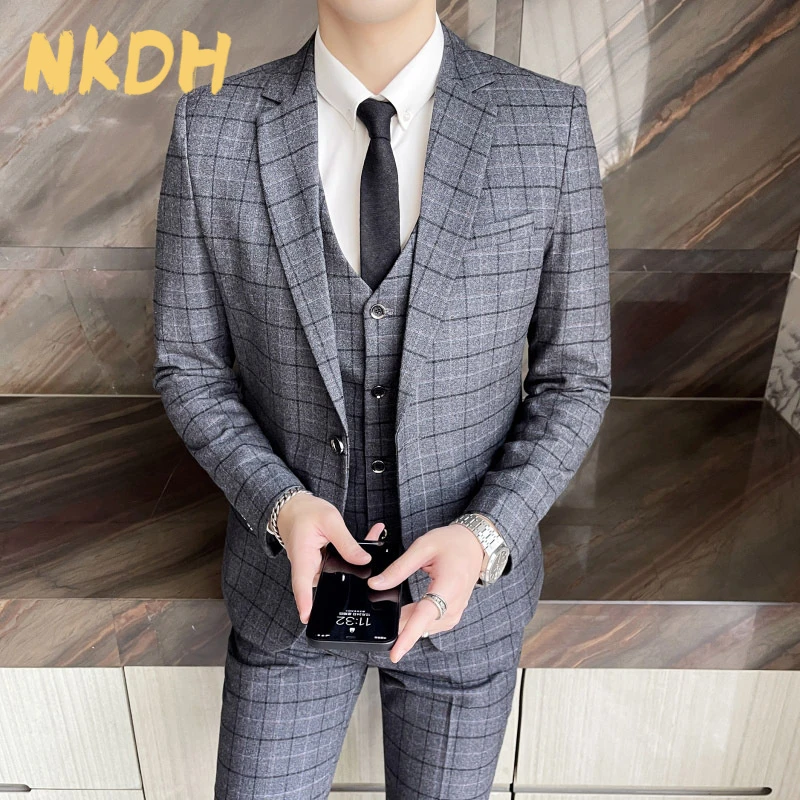 NKDH2025年时尚方格子西服套装男青年修身西装三件套