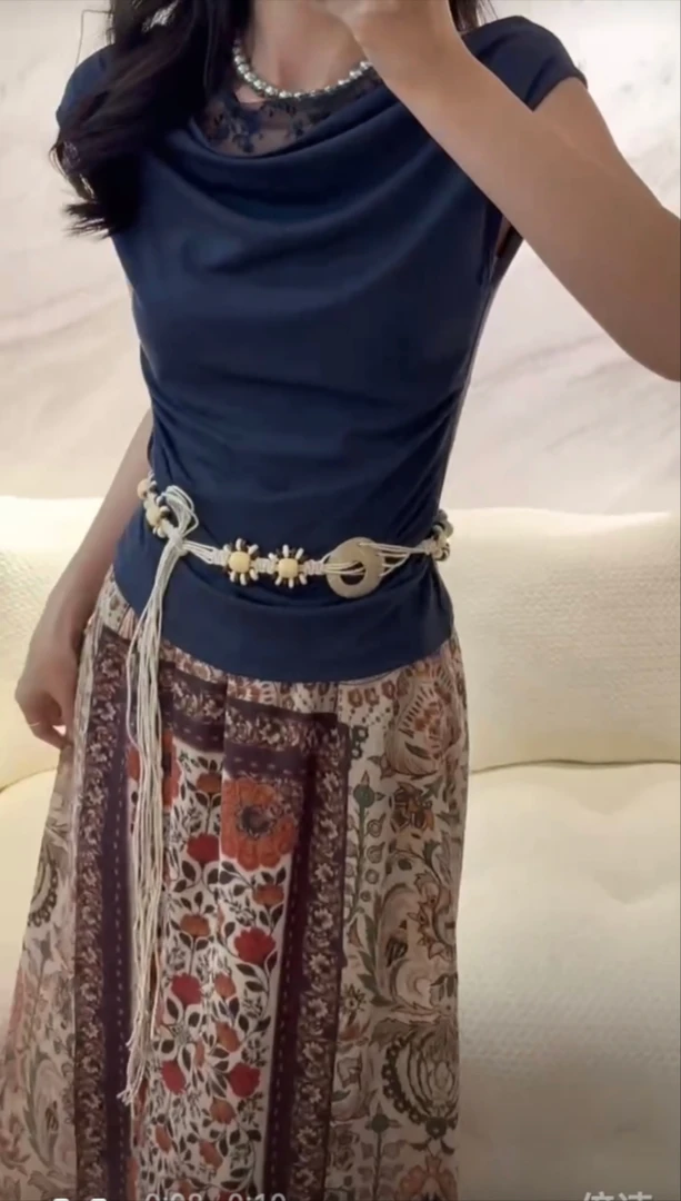 MISS RUILI定制 夏新款时尚荡领无袖上衣+半身裙两件套F0737