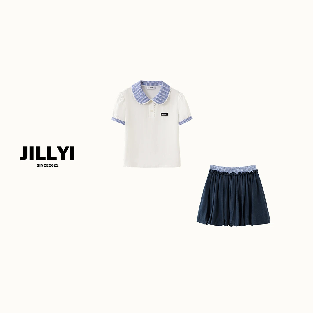 JILLYI珠海店【甜美盛夏】夏季学院风套头T恤+牛仔蓝半身裙时尚套装
