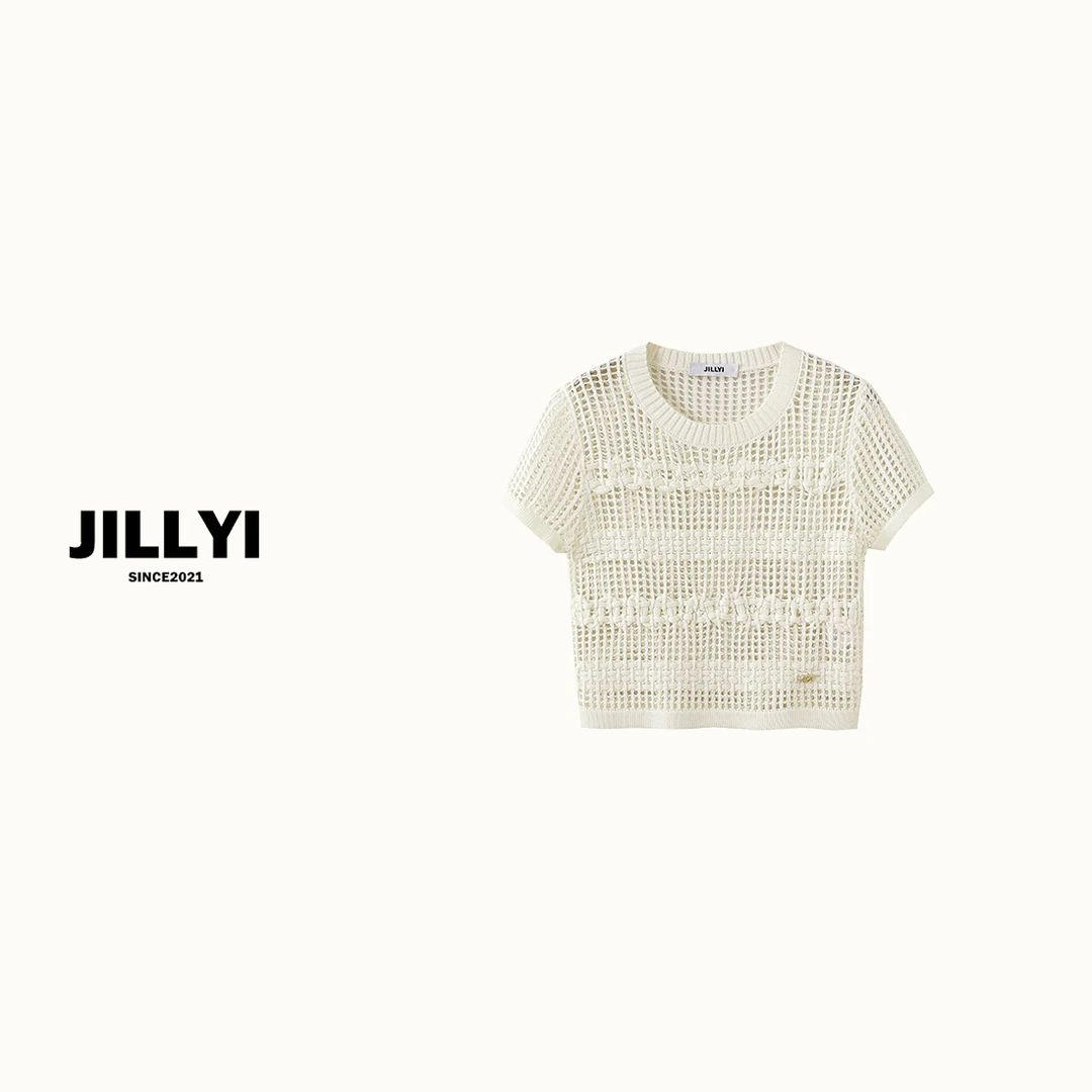 JILLYI【镂空小香】白色圆领镂空工艺简约时尚针织上衣夏季百搭