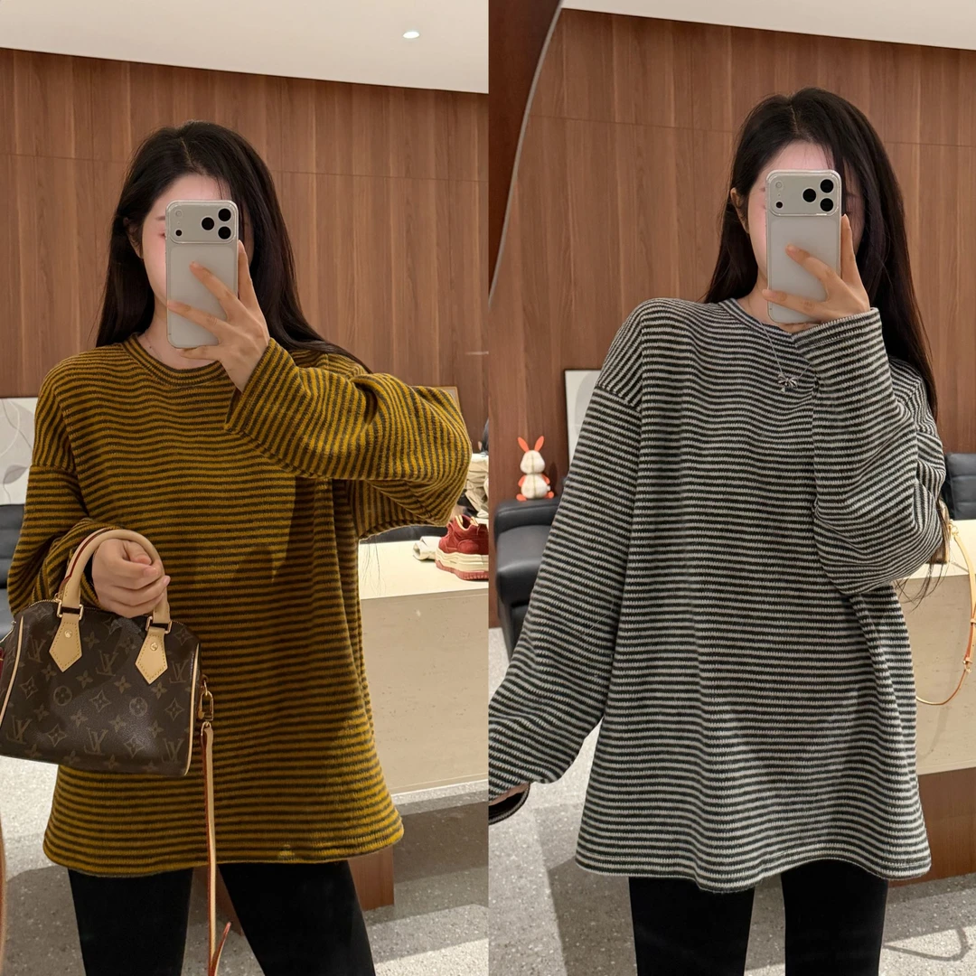 SUMU/宿慕韩版时尚加厚条纹卫衣T冬季新款慵懒风上衣1692小雨女装