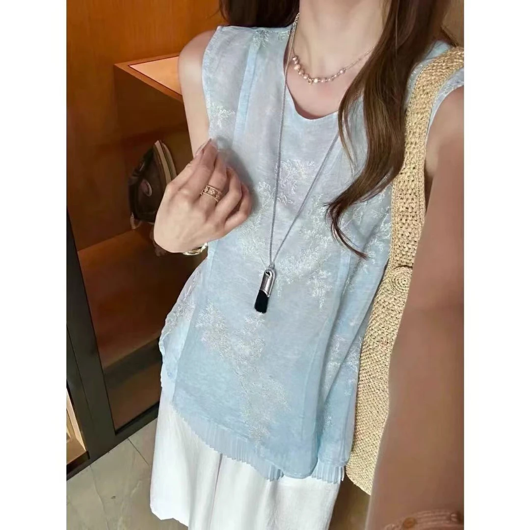 薄荷@01309 宽松气质新中式碎花圆领无袖背心 6-9