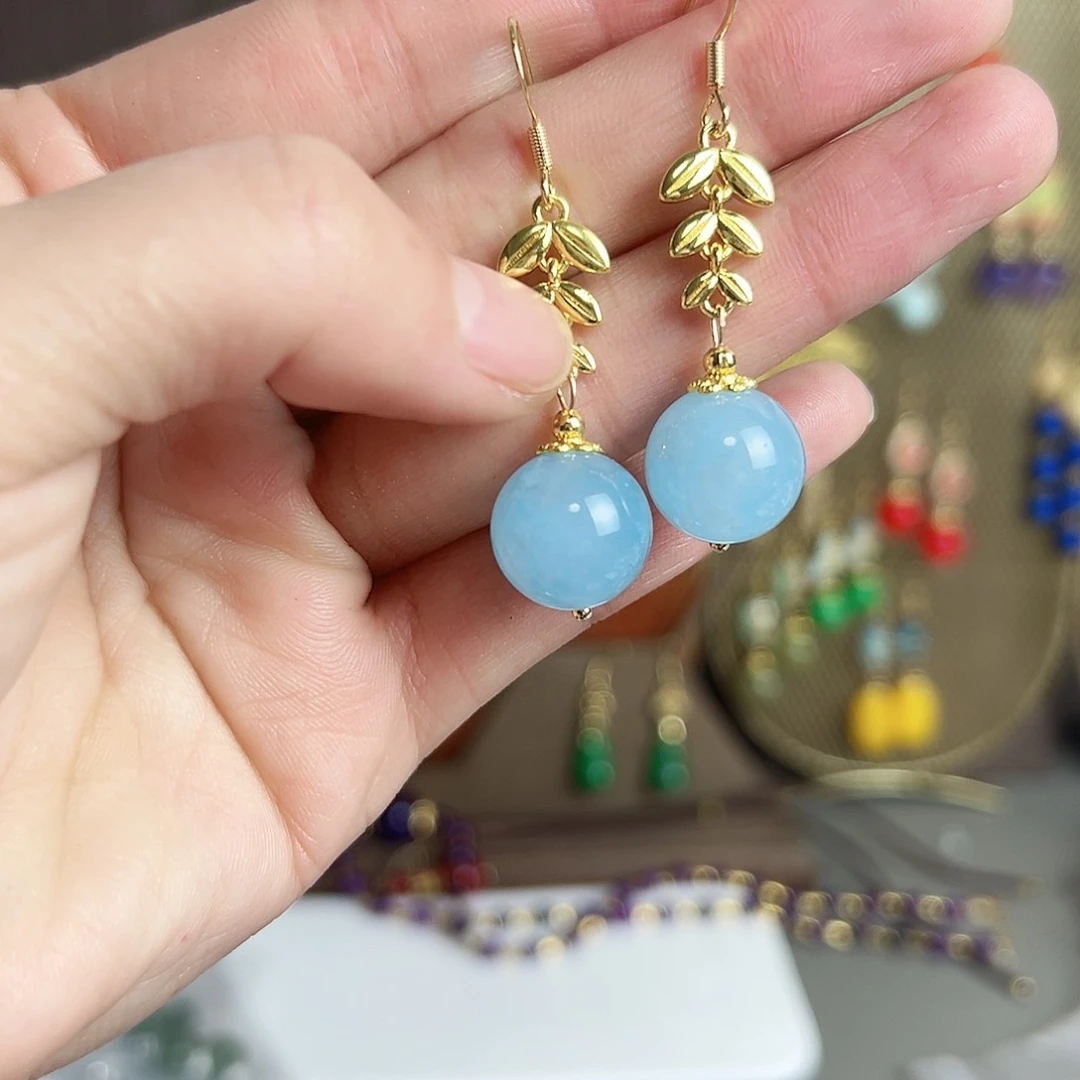 银S925镶嵌耳钉玛瑙/玉髓蓝色