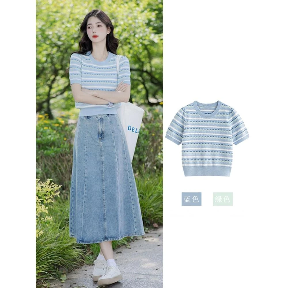 蓝色短袖针织衫t恤女夏季2025新款多巴胺穿搭设计感小众别致上衣
