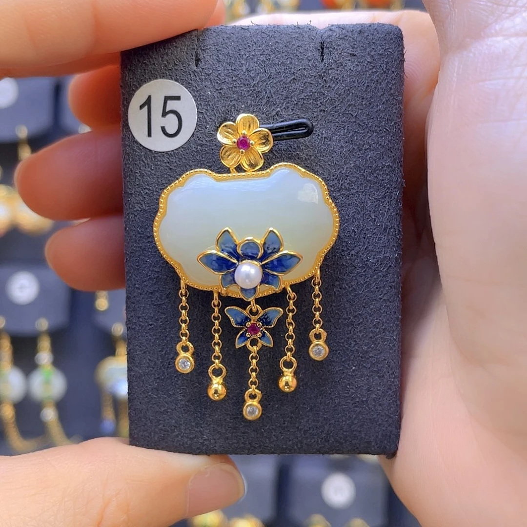 和田玉颈饰银S925镀金镶嵌