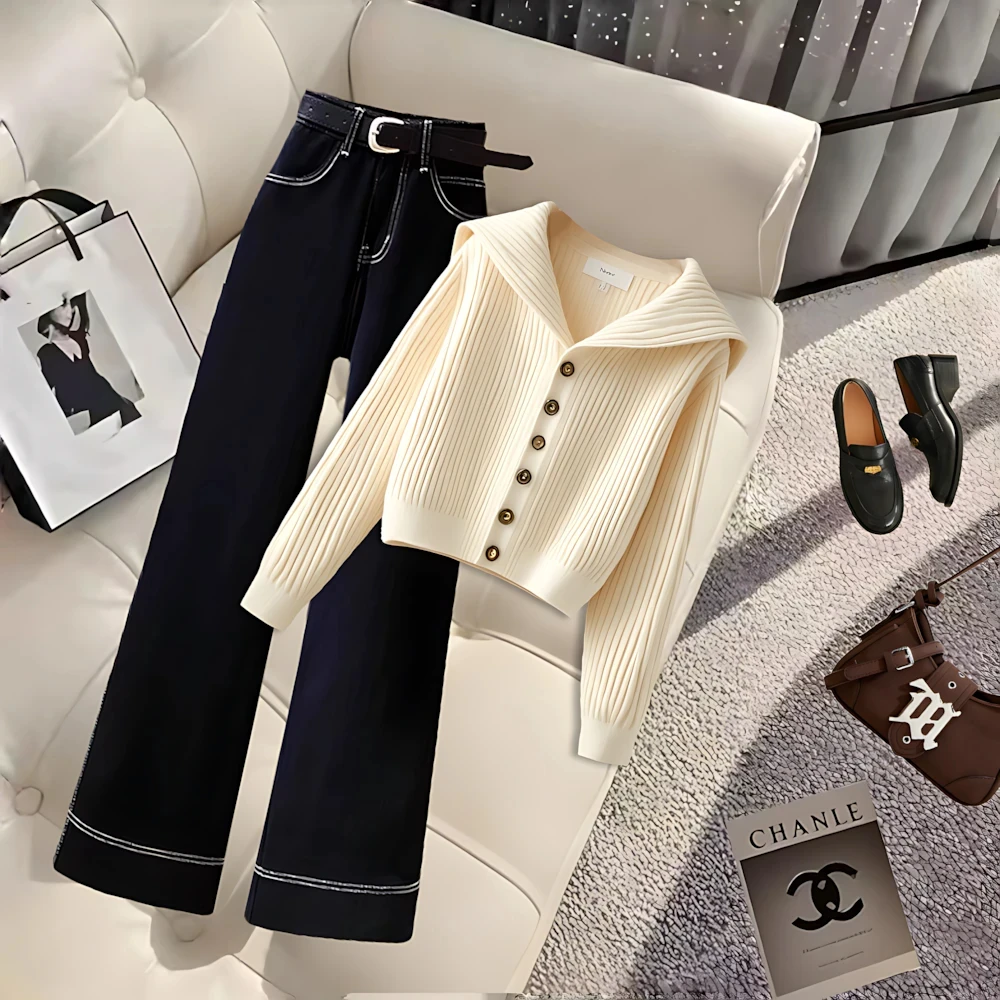 2025穿搭一整套小香风针织毛衣女新款设计感减龄高腰直筒裤两件套