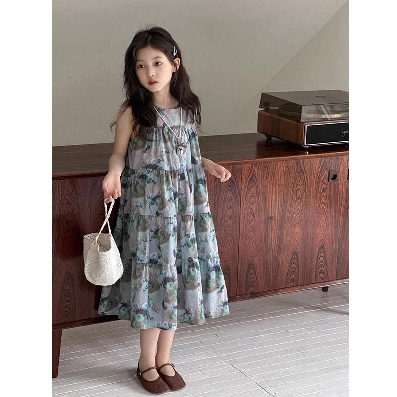 女童连衣裙2025夏装新款儿童中大童女孩夏季碎花背心裙吊带裙子