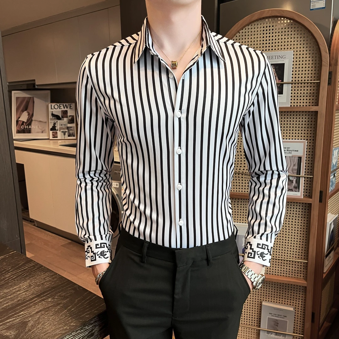 高级感男士条纹衬衫2025新款秋季男装潮流痞帅商务休闲长袖衬衣男