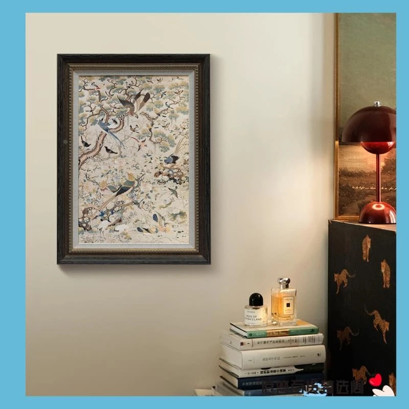 画玩美法式复古客厅装饰画玄关中古风壁画新中式花鸟刺绣餐厅挂画