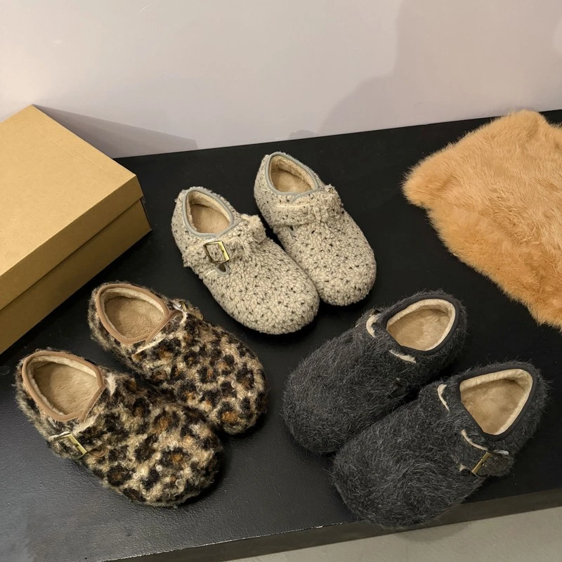 豹纹复古厚底加绒加厚毛毛鞋女外穿2025新款冬季保暖防滑勃肯棉鞋
