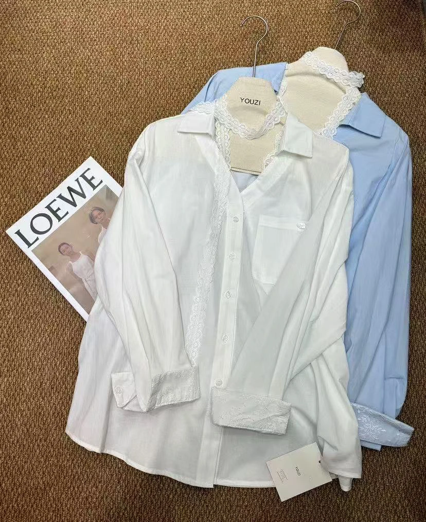 91513-拼蕾丝款气质衬衣（配蕾丝飘带）