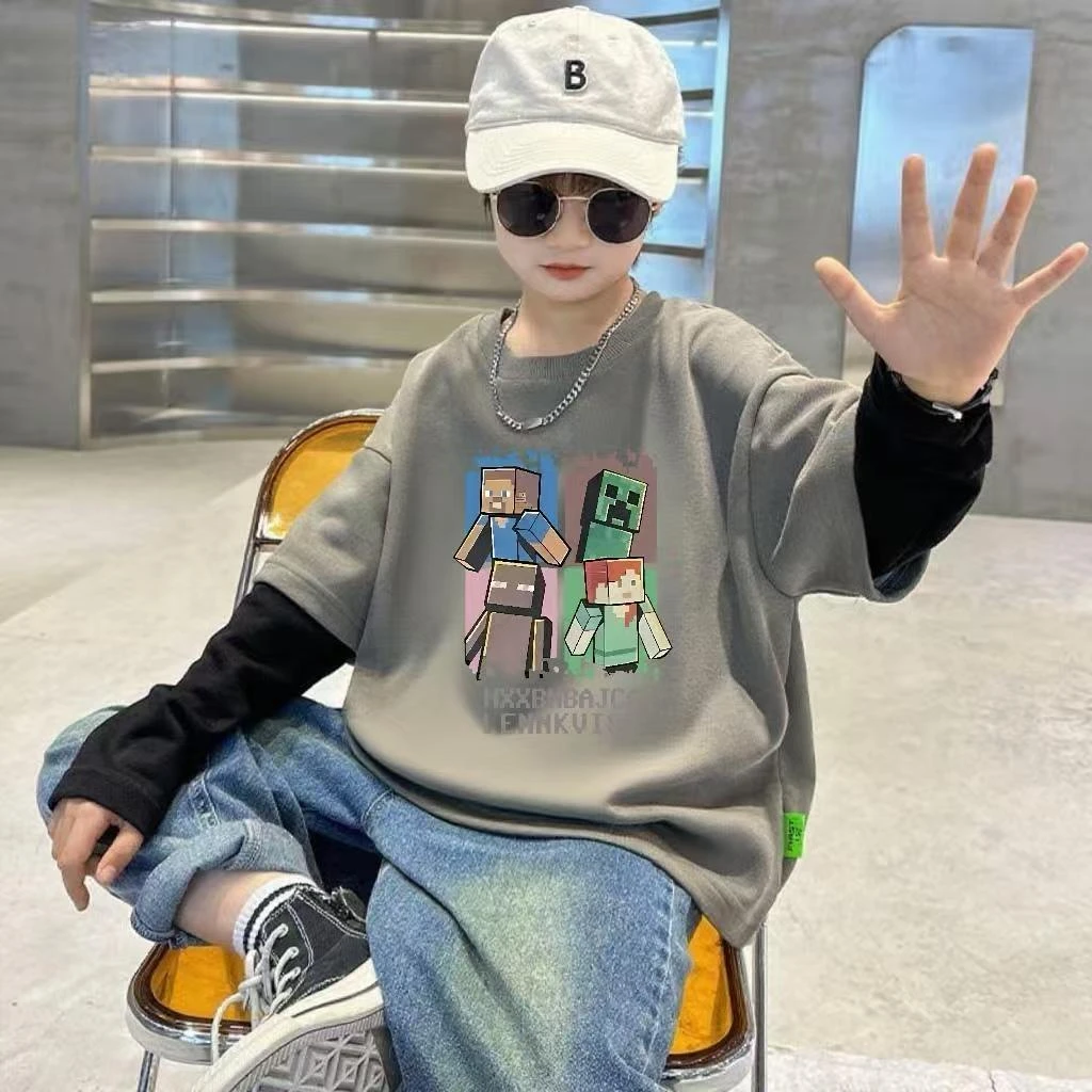 男童长袖T恤2025春秋新款潮牌炸街中大童假两件秋装上衣韩版体恤