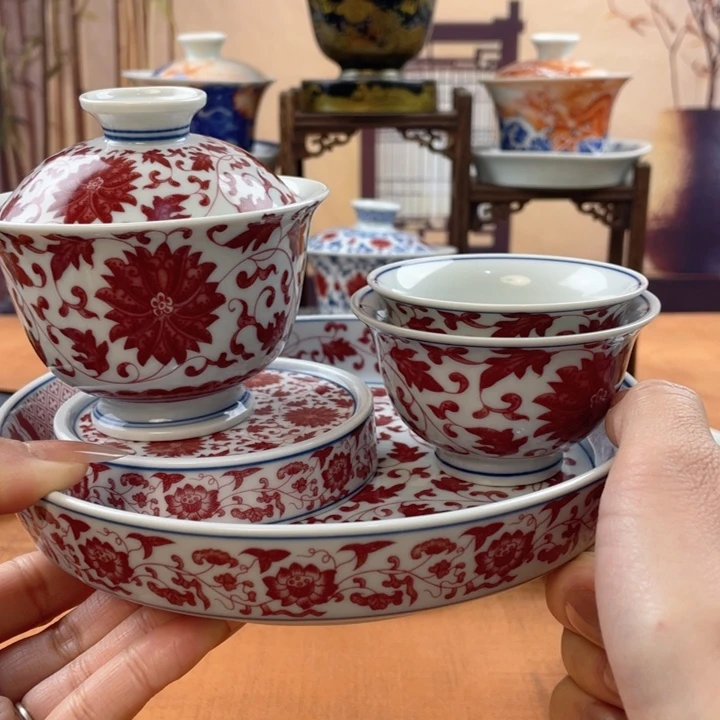 摆件陶釉里红缠枝莲五件套