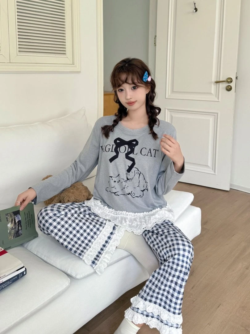 【格雷小猫】格纹蝴蝶结减龄可爱休闲家居服