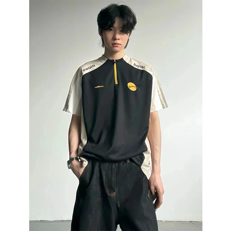 半拉链撞色防晒训练服球衣男款夏季薄款速干凉感t恤户外运动短袖