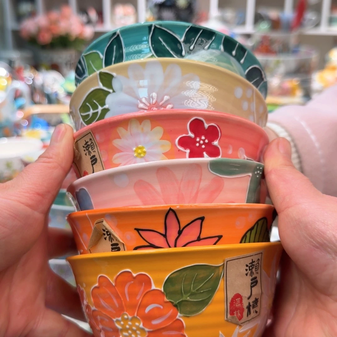 白瓷5英寸濑户烧抹茶满彩饭碗6只，各一色