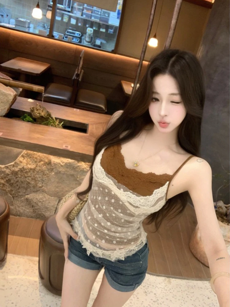 法式气质波点蕾丝小吊带背心女无袖不规则显瘦外穿外穿内搭上衣夏