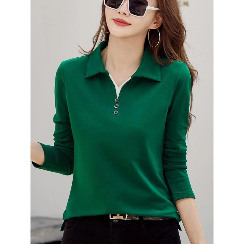 POLO衫时尚拼接领口排扣洋气百搭翻领长袖 面料：40支奥代尔