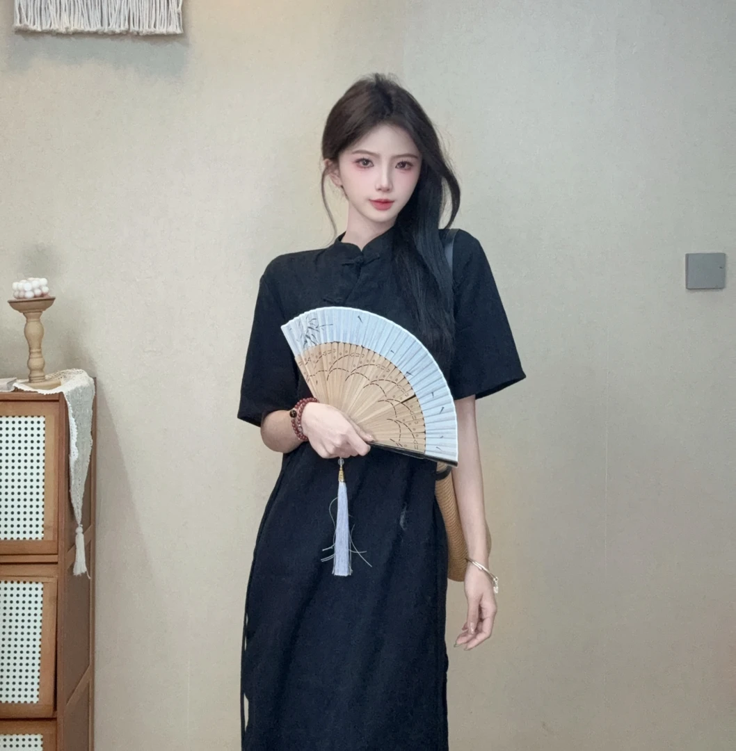 艺润家【观山月】国风连衣裙手工原创宽松新中式长裙子中国风夏