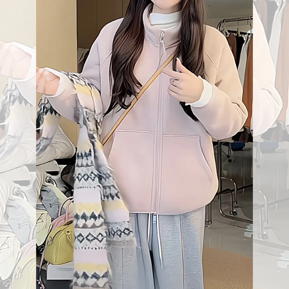 时尚加绒开衫长袖保暖上衣秋冬新款胖MM大码女装加厚卫衣短外套女