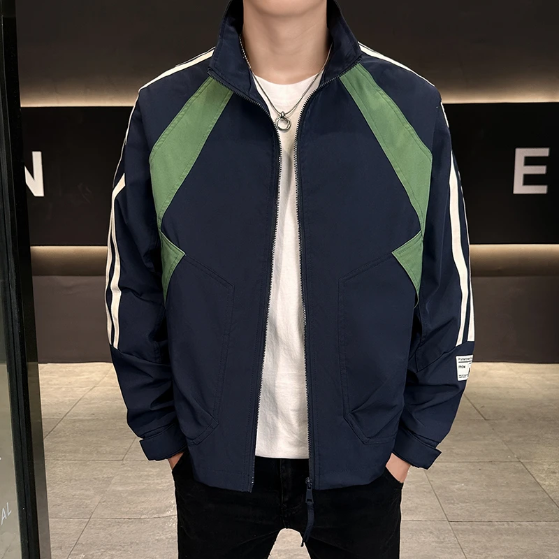 型男潮牌外套男春秋拼接帅气夹克衫2025拼色新款休闲立领上衣服