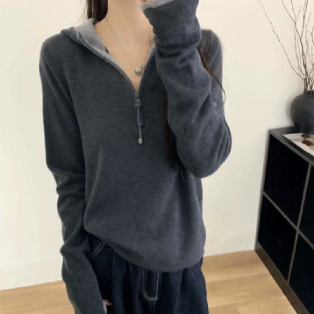 中易秋冬韩系连帽拼色桑蚕丝羊毛时尚休闲外穿上衣