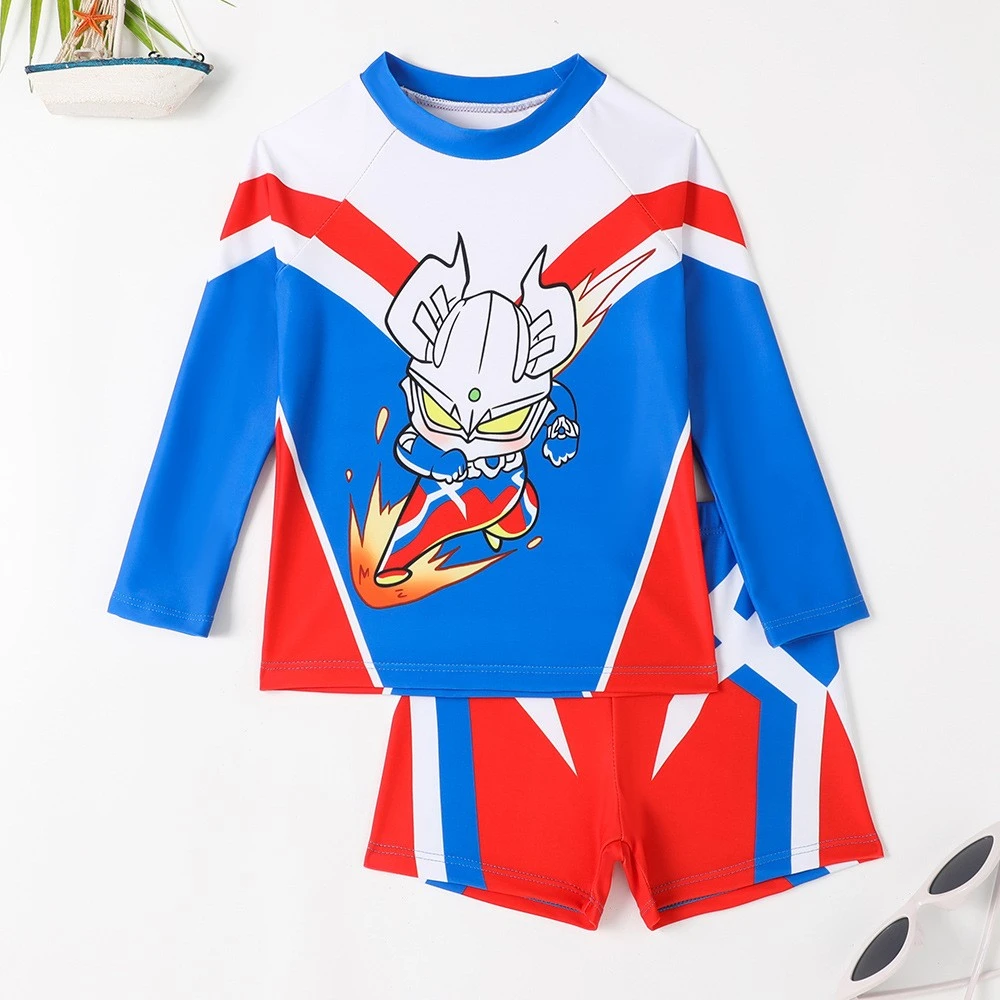 新款儿童奥特曼角色男童游泳衣长袖短裤蓝红拼色帅气泳装