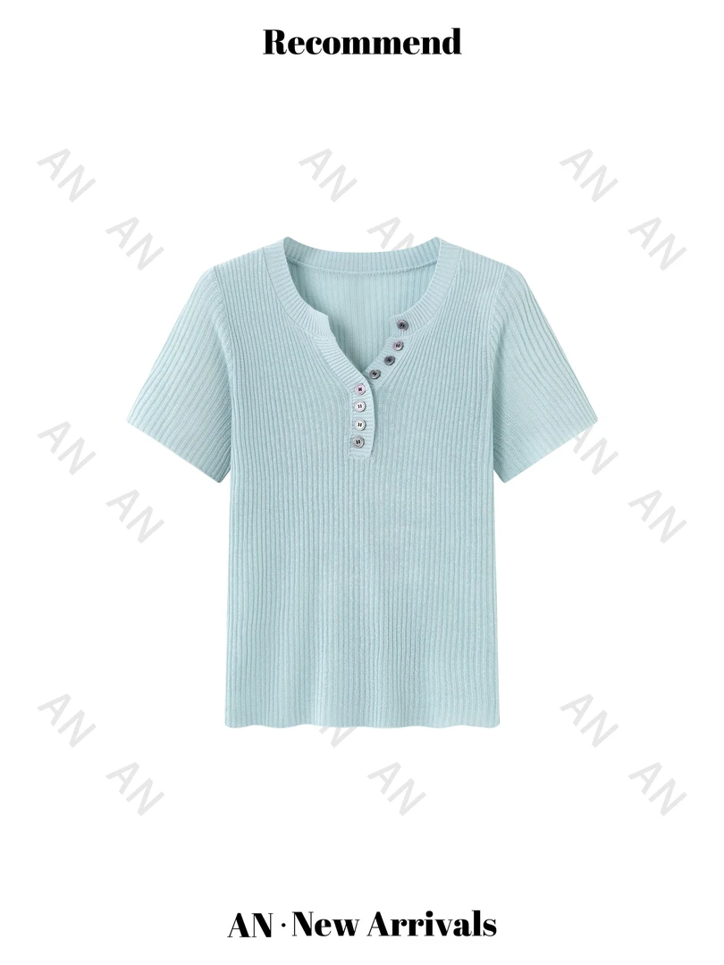 C03155春季新款韩版气质休闲通勤欧若风短袖半开扣针织衫上衣