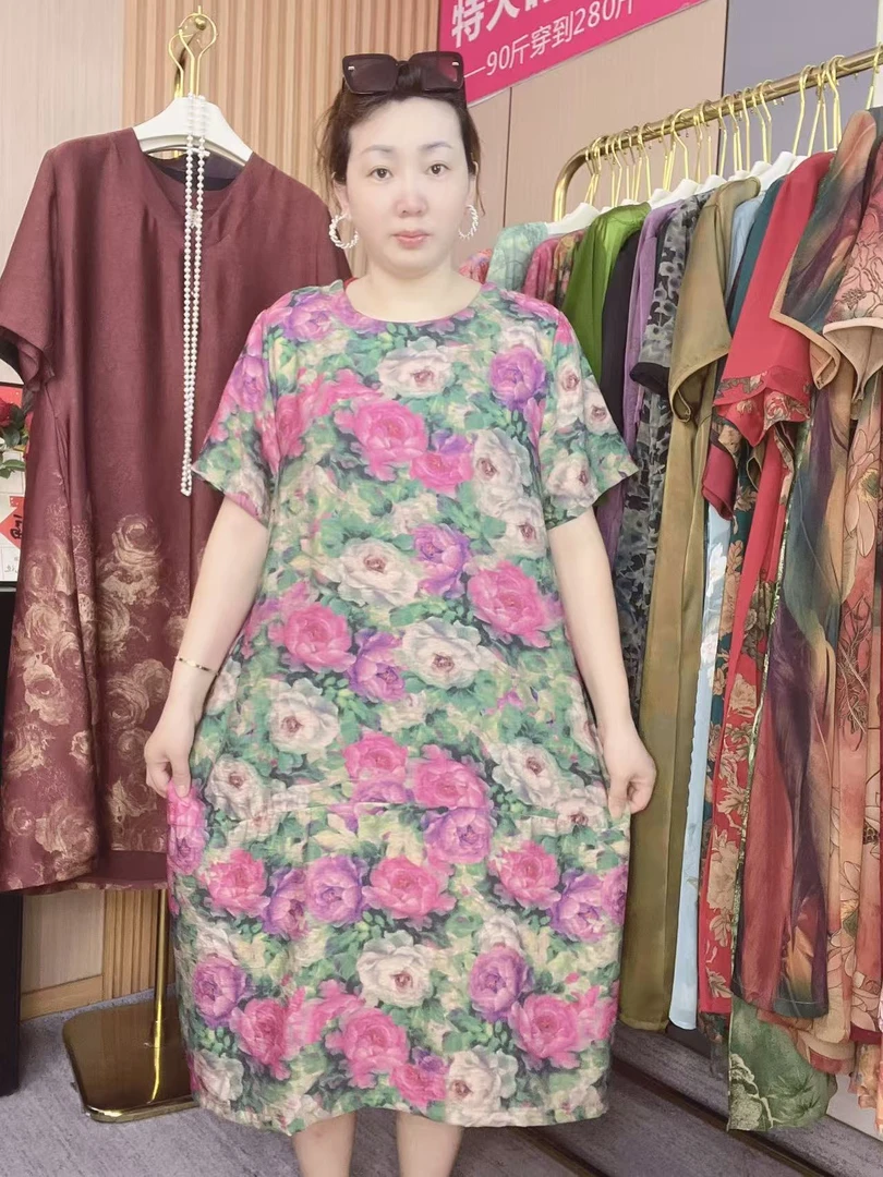 【120斤-260斤】2025夏季大码妈妈装中老年时尚休闲宽松印花连衣裙