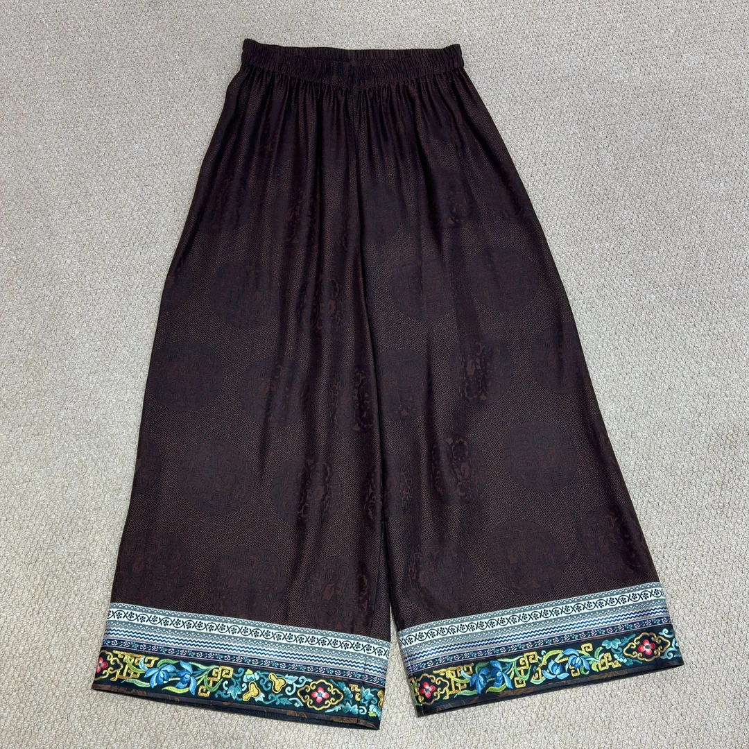 葳蕤国风新中式团纹暗纹咖色裤子