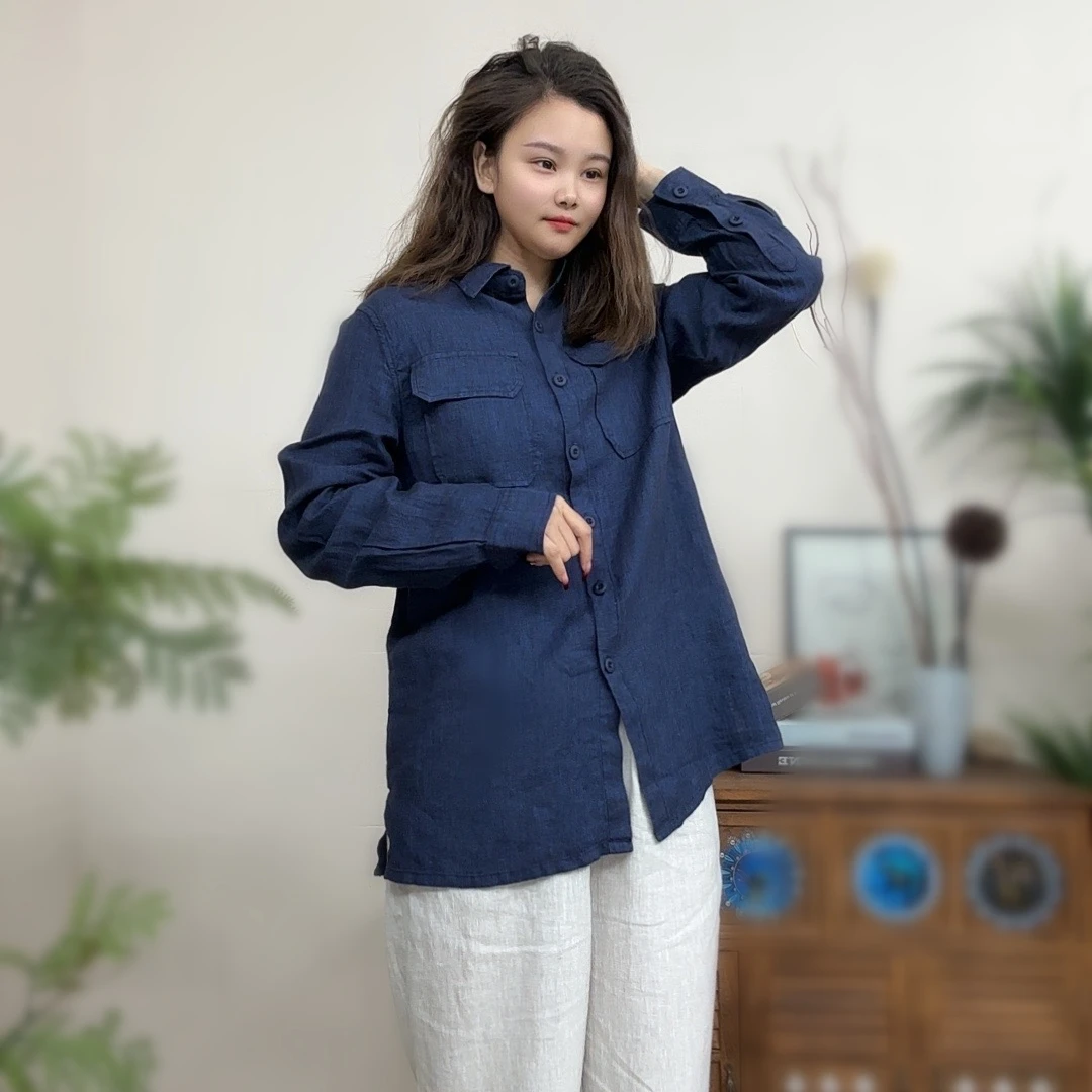 （京妃 ）复古休闲衬衫色织亚麻女 春夏款翻领长袖衬大口袋工装风