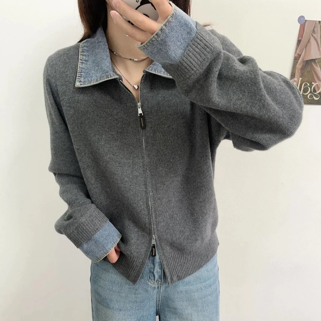 新款秋冬牛仔拼接翻领双拉链针织开衫783866