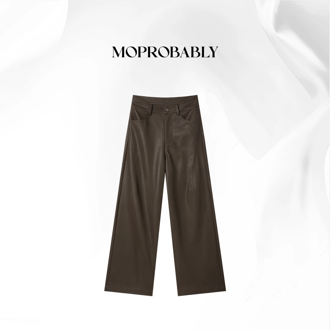 Moprobably贝贝「特腰」气质百搭纯色百搭休闲直筒皮裤L5383001