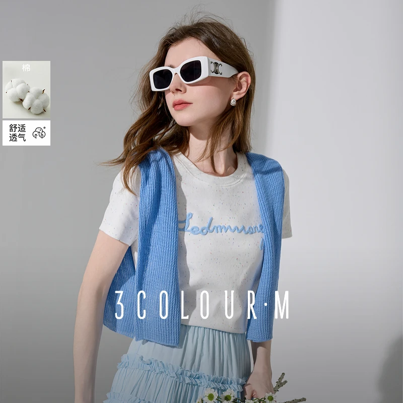 三彩2025夏季新款字母刺绣T恤圆领正肩短袖白色上衣套头衫休闲女M