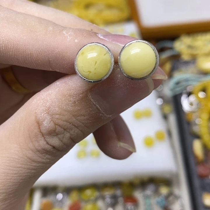 蜜蜡银S925镶嵌裸石耳钉