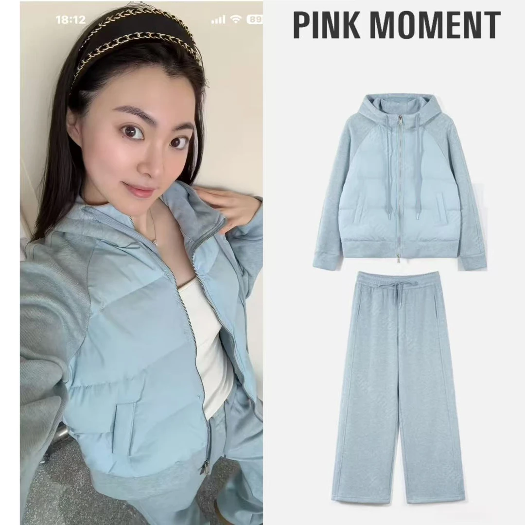 PM王囡囡 蓝色拉链连帽抽绳拼接两件套 ND1D2093