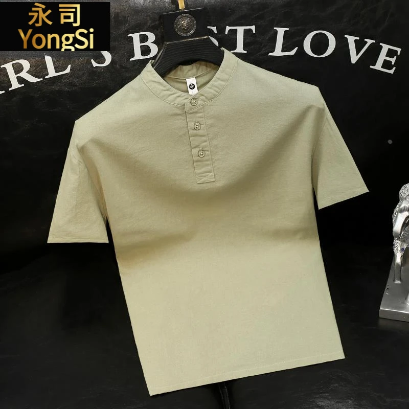 棉麻短袖纯色简约透气体恤男士青年中国风高端夏季舒适半袖上衣T