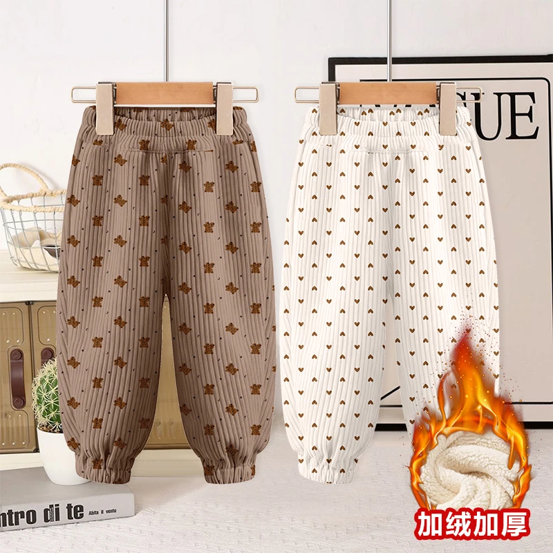 儿童灯芯绒加绒裤子秋冬款女童洋气加厚保暖长裤宝宝韩版外穿棉裤