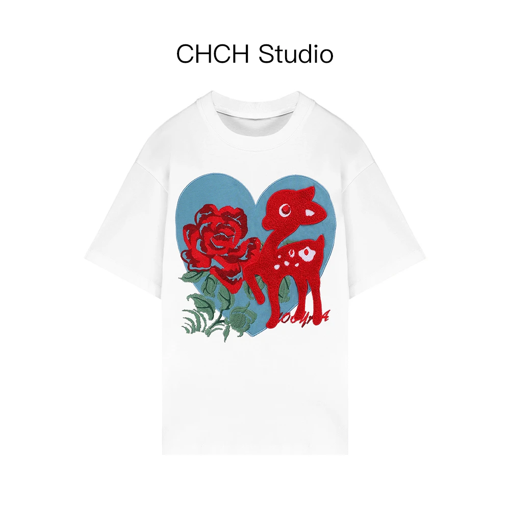 RAQTX32702欧货刺绣爱心卡通动漫体恤女胖m宽松遮肉气质短袖上衣