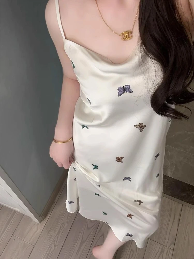 纯欲性感少女卡通蝴蝶印花纯欲冰丝吊带睡衣女春夏款家居服睡裙夏