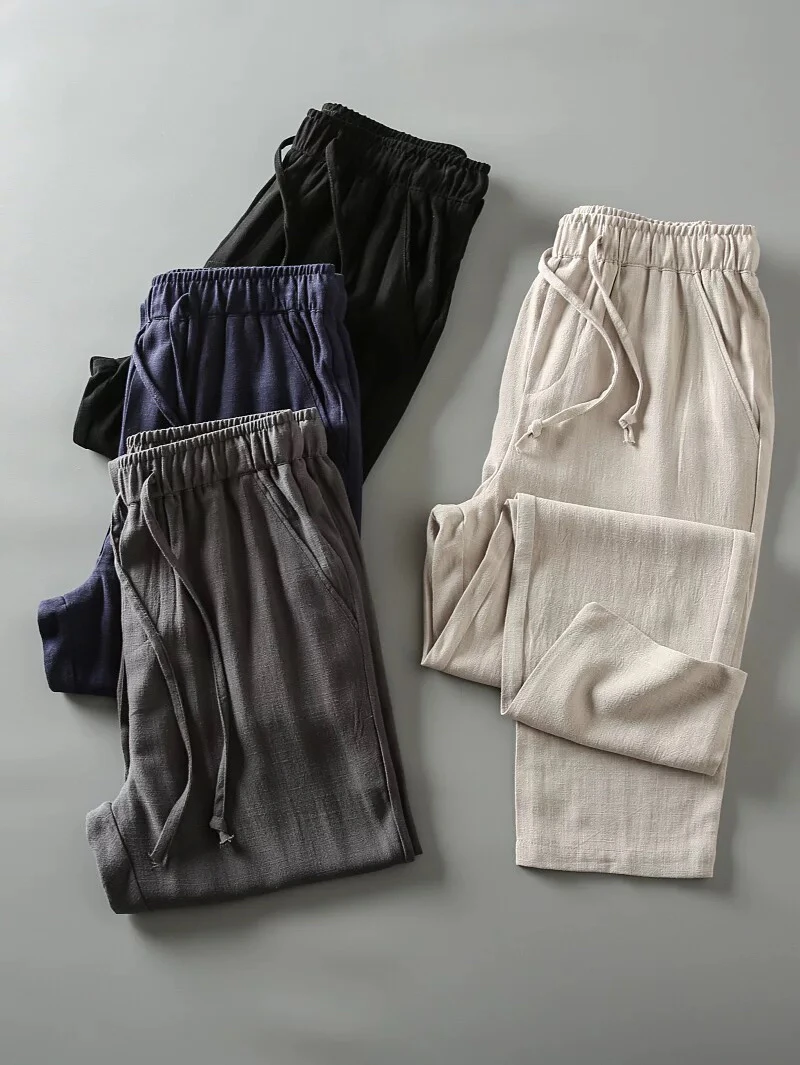 春夏透气男士宽松直筒水洗棉麻长裤纯色百搭简约薄款休闲裤子1038