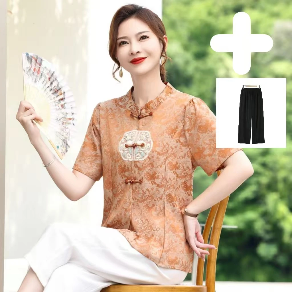 10453-小香风洋气小衫妈妈装遮肚显瘦纯色衫时尚套装【A4-3-4】