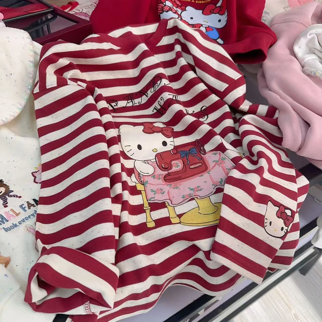 【条纹KT】2025年新款儿童条纹猫咪KT中长款卫衣红色卡通圆领卫衣